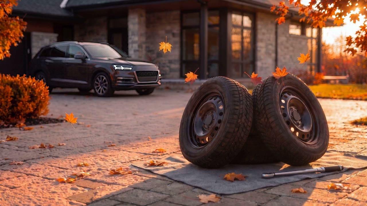 Winter tyres on a mat in a driveway at sundown, maple leaves falling, a dark SUV parked by the house.