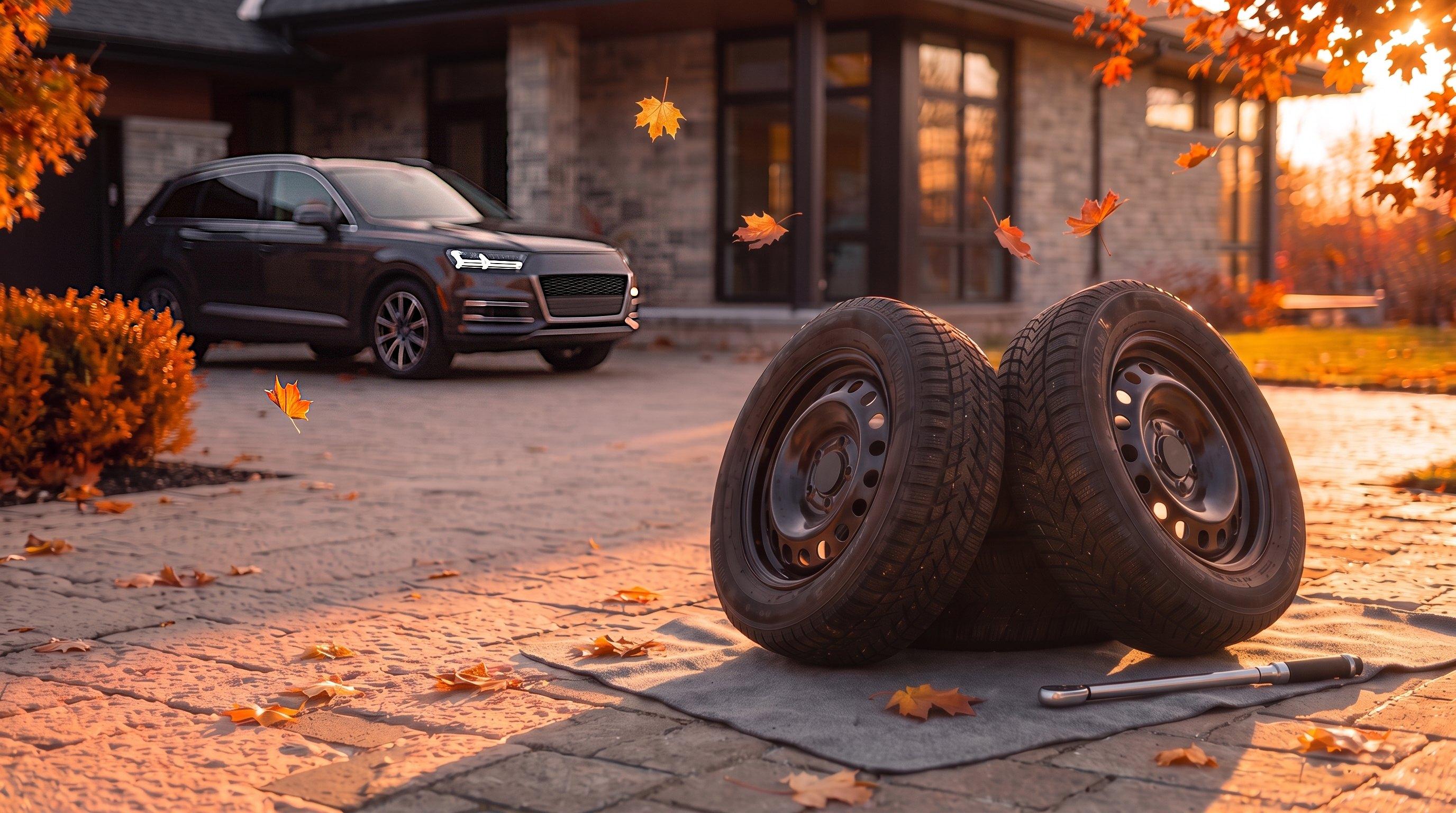 Winter tyres on a mat in a driveway at sundown, maple leaves falling, a dark SUV parked by the house.
